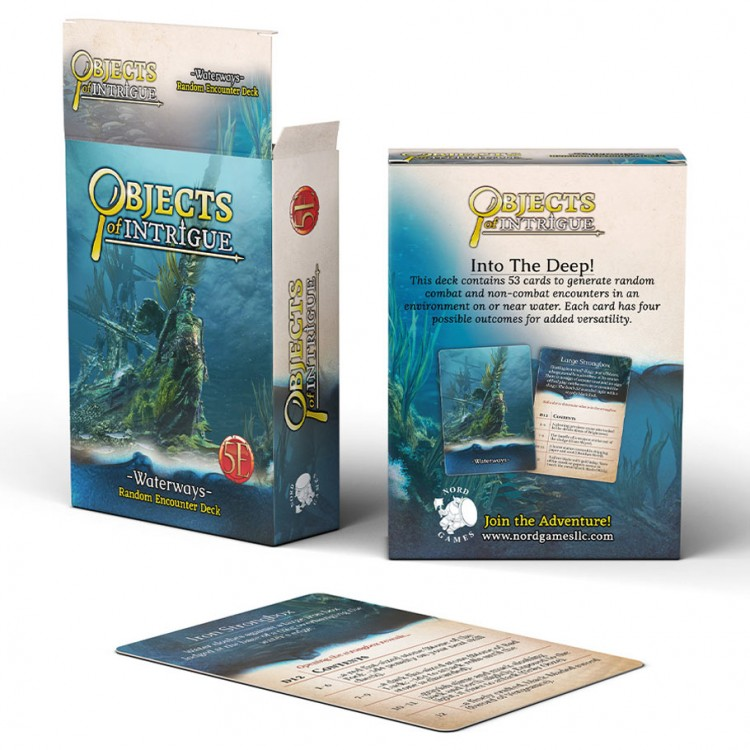 D&D 5E: Objects of Intrigue: Waterways - D&D 5E Objects of Intrigue Waterways card deck box with fantasy underwater theme and sample card showing game text.
