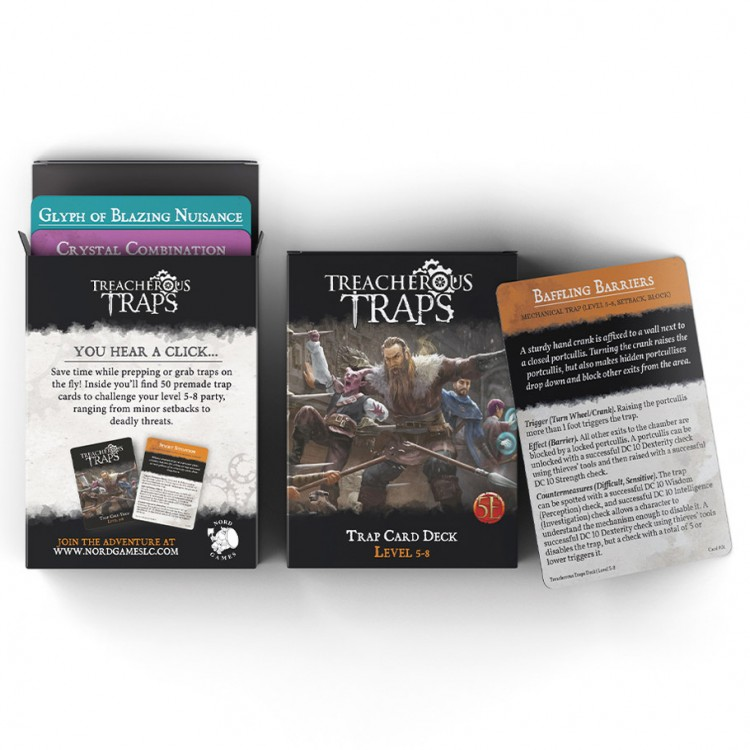 D&D 5E: Treacherous Trap Deck: CR 5-8 - D&D Treacherous Trap Deck box with illustrated card of adventurers, plus detailed trap card with text and rule icons.