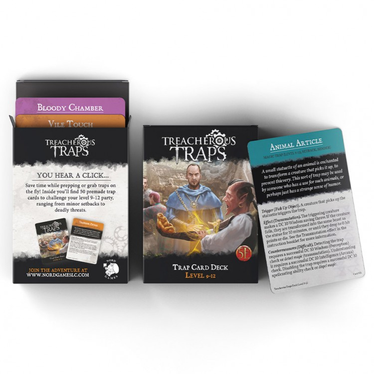 D&D 5E: Treacherous Trap Deck: CR 9-12 - D&D 5E Treacherous Trap Deck box with three visible cards showing trap details and a character illustration on the cover.