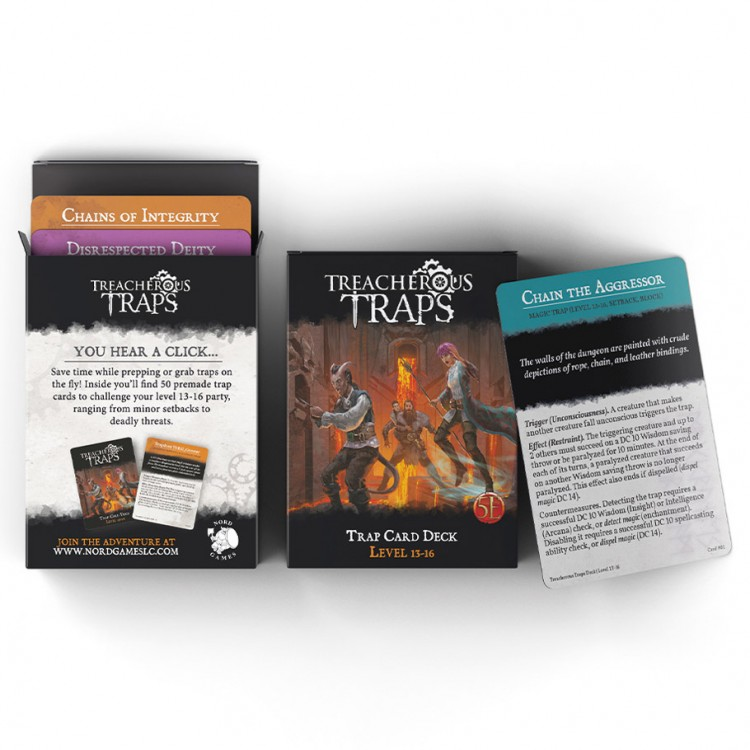 D&D 5E: Treacherous Trap Deck: CR 13-16 - D&D 5E Treacherous Trap Deck box with trap-themed card featuring artwork and text on a gray trap card.