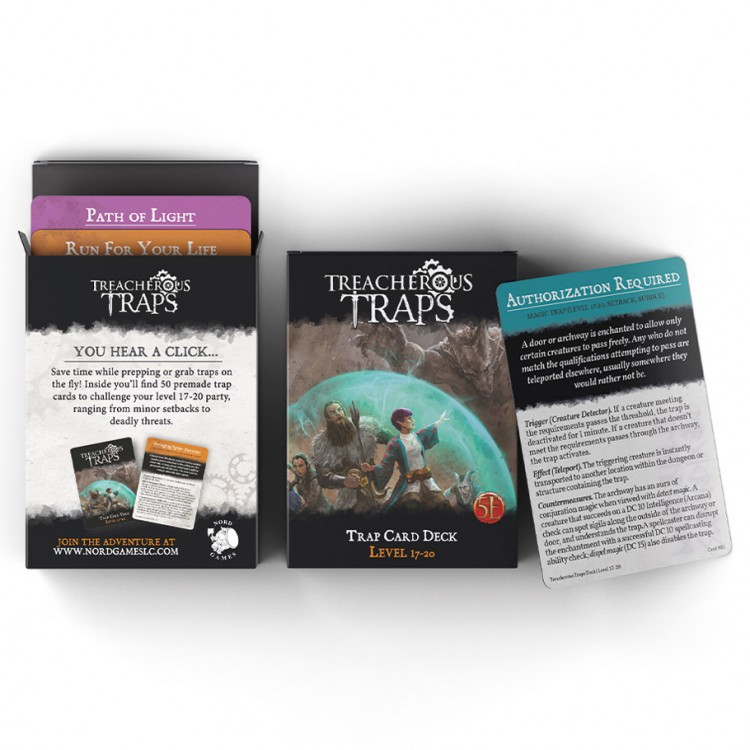 D&D 5E: Treacherous Trap Deck: CR 17-20 - D&D 5E Treacherous Trap Deck cards spread showing colorful titles, trap description card, and box with fantasy artwork.
