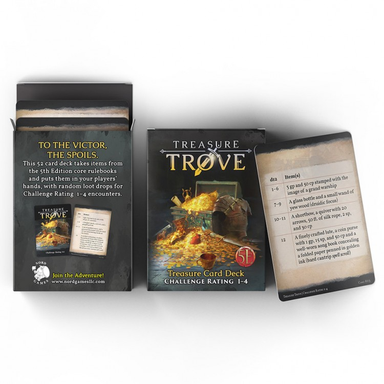 D&D 5E: Treasure Trove Deck: CR 1-4 - D&D 5E Treasure Trove Deck CR 1-4 box with illustrated chests and gold coins, open showing card backs and fronts with.