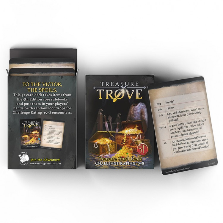 D&D 5E: Treasure Trove Deck: CR 5-8 - D&D 5E Treasure Trove Deck CR 5-8 box with illustrated cover of treasure and dice, showing open deck and sample card text.