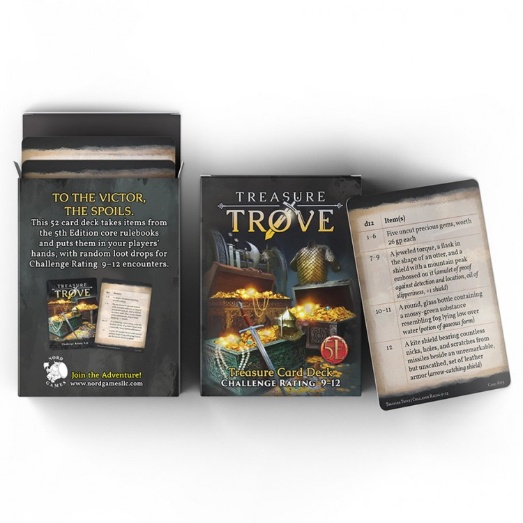 D&D 5E: Treasure Trove Deck: CR 9-12 - D&D 5E Treasure Trove Deck CR 9-12 box with fantasy-themed treasure card artwork, partially opened box showing cards inside.