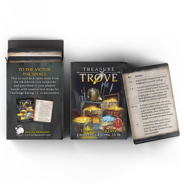 D&D 5E: Treasure Trove Deck: CR 13-16 - D&D 5E Treasure Trove Deck with colorful fantasy art on front and detailed text on back panels in black box.