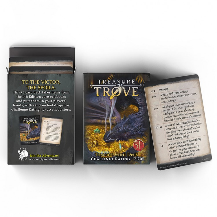 D&D 5E: Treasure Trove Deck: CR 17-20 - D&D 5E Treasure Trove Deck box with illustrated fantasy cover and open card stacks with text cards inside.