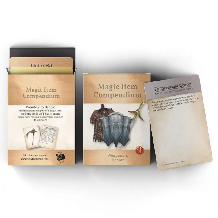 D&D 5E: Magic Items: Weapons & Armors - Set of D&D 5E Magic Items cards featuring weapons and armor with illustrated compendium box and card sleeves.