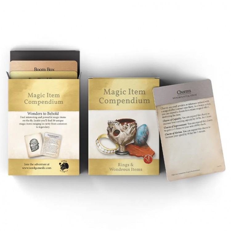 D&D 5E: Magic Items: Rings & Items - Set of D&D 5E Magic Item Compendium boxes with cards; one box features an illustrated owl holding a ring and a red gem.