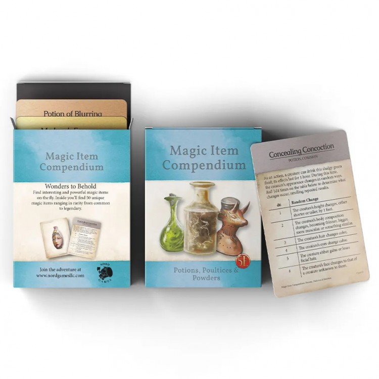 D&D 5E: Magic Items: Potions & Powders - D&D 5E Magic Items Potions & Powders card deck with illustrated cards and a rule booklet on white background.