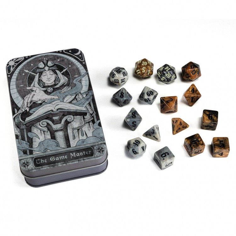 RPG Class Dice Set: Game Master - RPG dice set with 16 black, gray, and bronze polyhedral dice and a detailed Game Master metal tin with fantasy artwork.