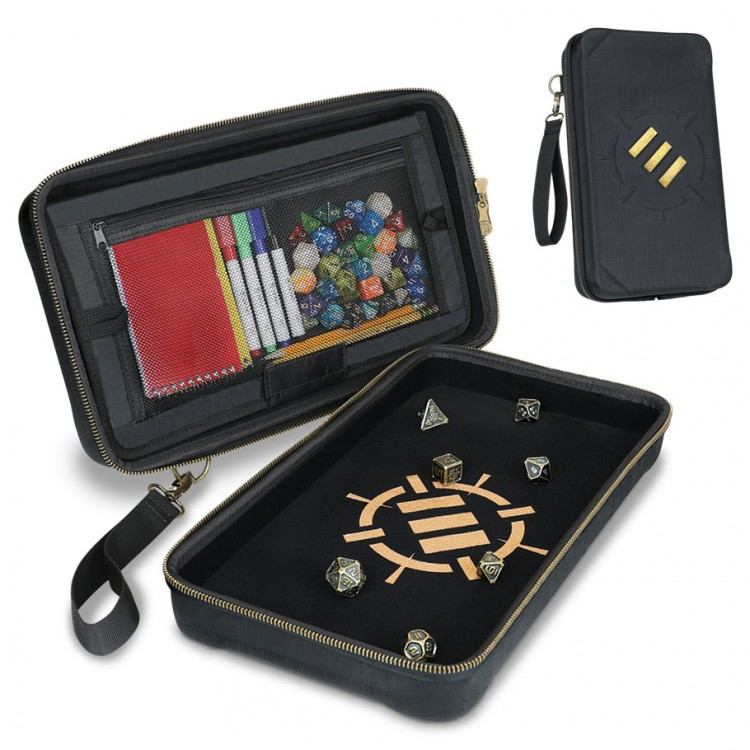 Enhance: Dice Organizer & XL Tray - Black dice organizer and XL tray combo with gold logo, wrist strap, inner mesh pocket holding dice and notebooks.