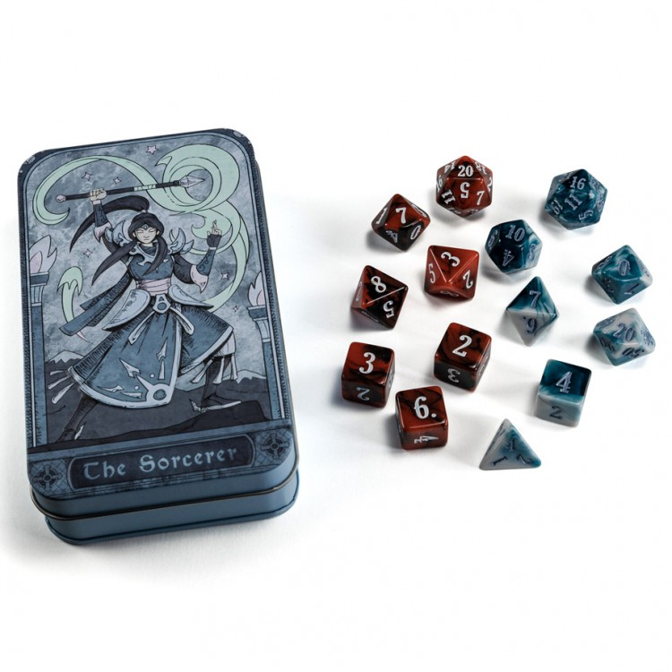 RPG Class Dice Set: Sorcerer (14) - RPG dice set with red and teal polyhedrals beside a tin featuring a sorcerer illustration.