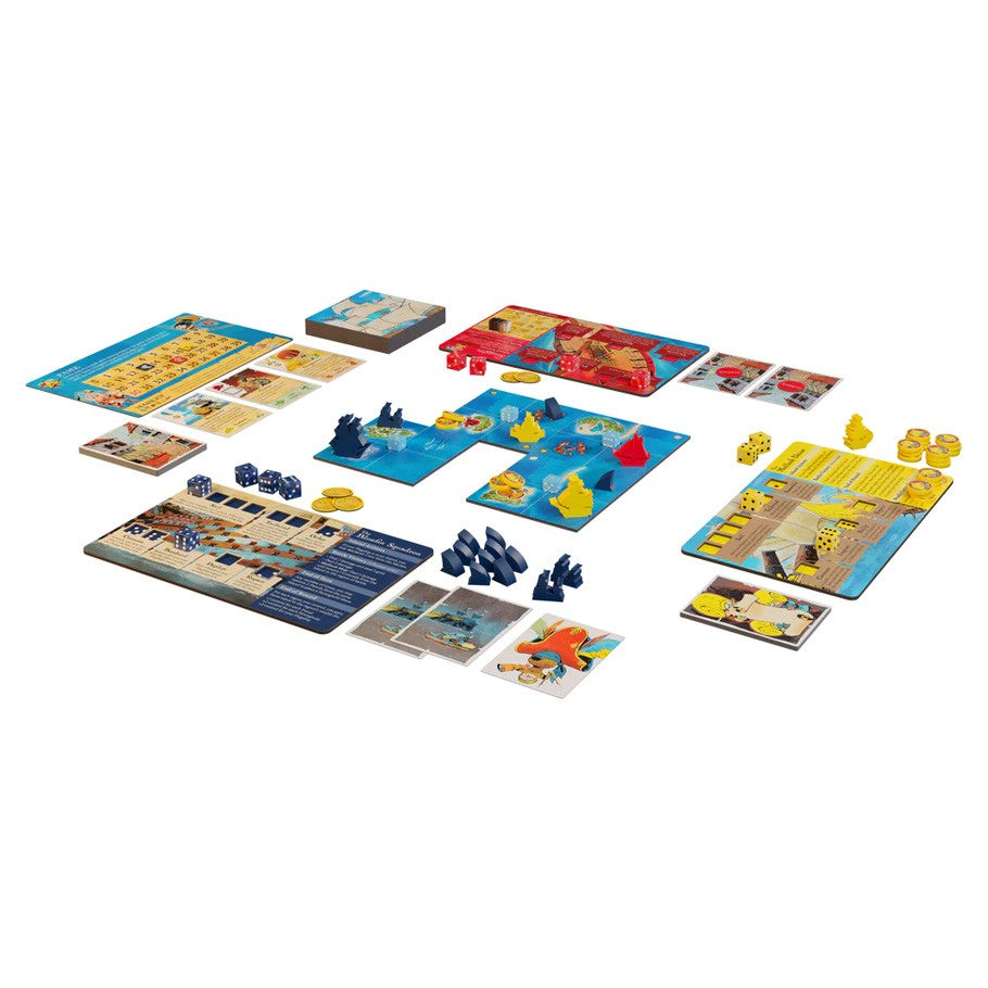 Ahoy - Ahoy strategy board game featuring a sea map, colorful tokens, cards, and player boards arranged for play.