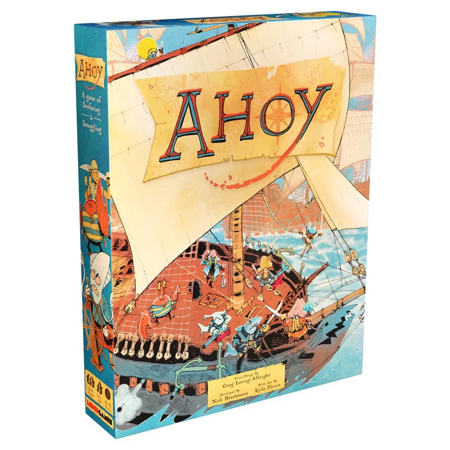 Ahoy - Ahoy strategy board game box featuring a detailed pirate ship illustration on the sail and deck.