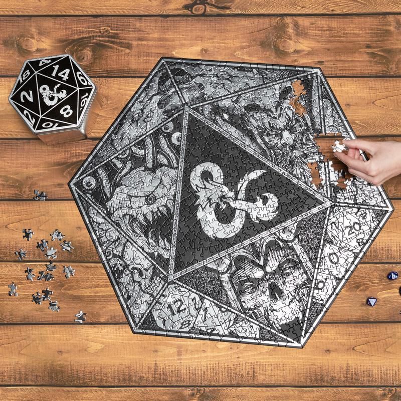 Dungeons and Dragons 750pc Jigsaw Puzzle - Black and white Dungeons and Dragons themed 750-piece jigsaw puzzle with ampersand symbol and fantasy illustrations on.