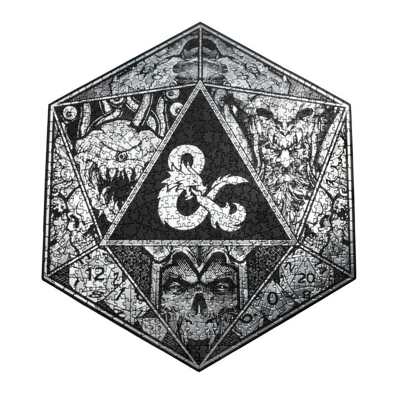 Dungeons and Dragons 750pc Jigsaw Puzzle - Hexagonal puzzle box featuring black and white Dungeons and Dragons art with iconic ampersand logo and fantasy creatures.