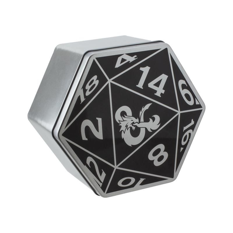 Dungeons and Dragons 750pc Jigsaw Puzzle - Black and white metal tin shaped like a 20-sided die with numbered sides and a dragon emblem on top.