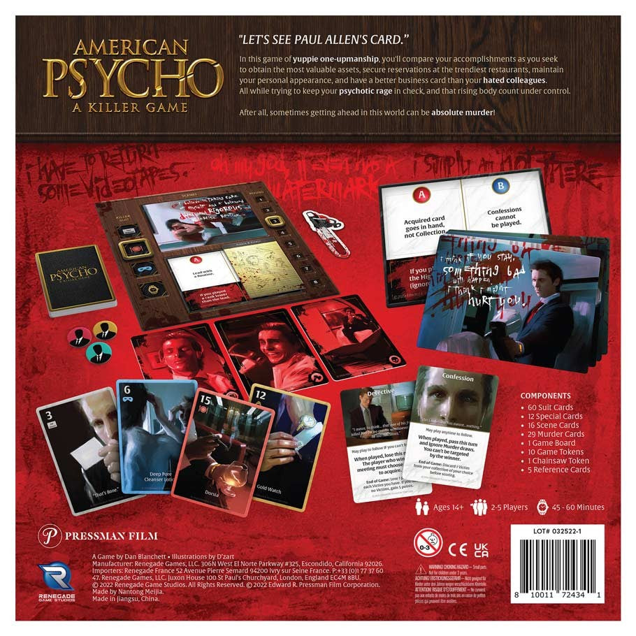 American Psycho: A Killer Game - American Psycho Killer Game card layout with character cards, tokens, rulebook, and red-themed design elements.