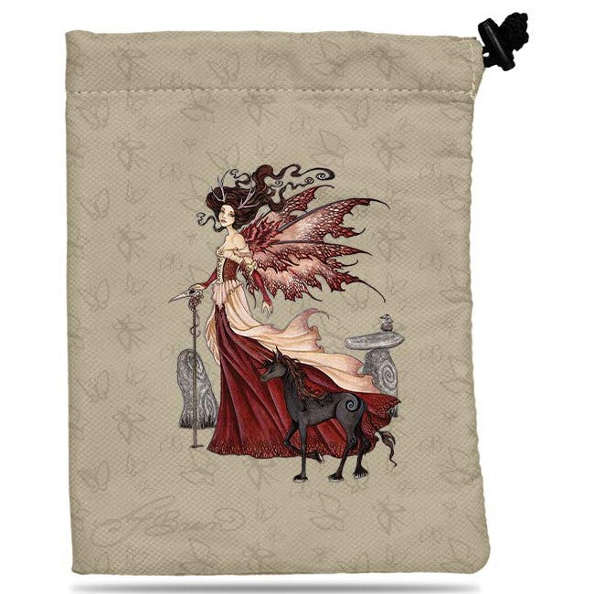 Treasure Nest Dice Bag RDQueen - Beige drawstring dice bag with a fairy in a red dress and a black dog illustration.