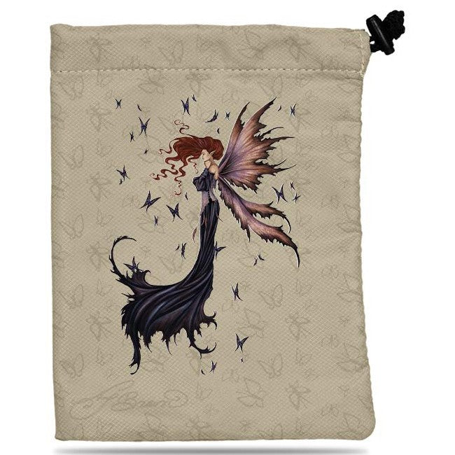 Treasure Nest Dice Bag Mystique - Beige fabric dice bag with black drawstring, featuring a dark fairy with pink and purple wings surrounded by small.