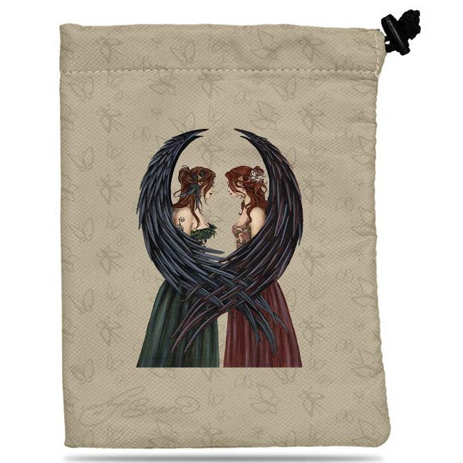 Treasure Nest Dice Bag Sisters - Beige drawstring dice bag with artwork of two women facing each other, framed by large black wings forming a heart shape.