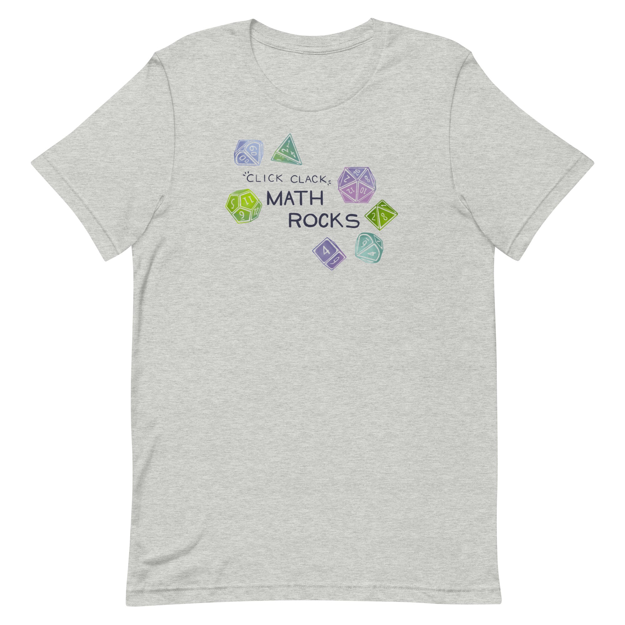 Math Rocks Shirt - Light gray cotton t-shirt with colorful math symbols and text "Click, Clack, MATH ROCKS" on front.