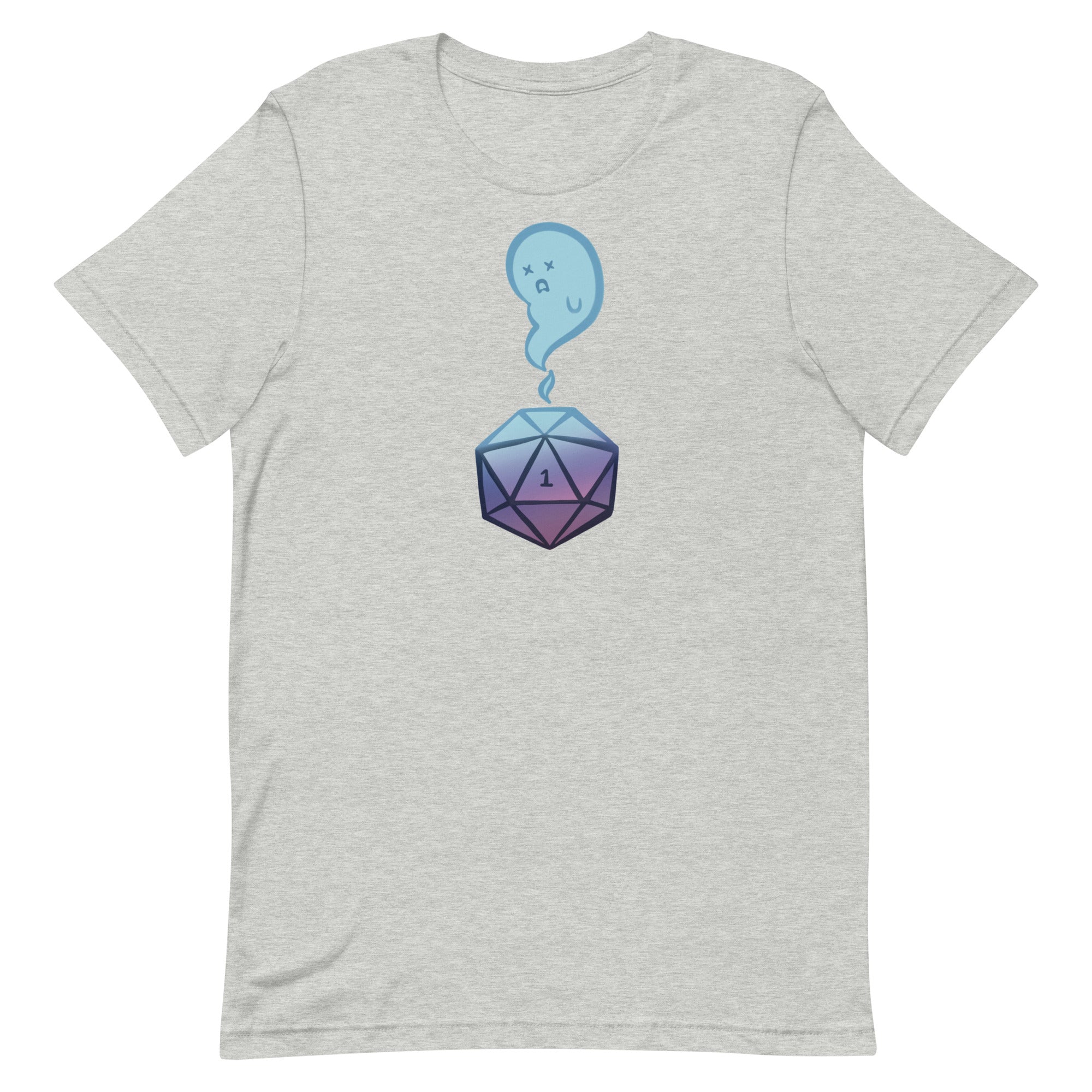 Critical Failure Shirt - Athletic Heather crew neck t-shirt with purple twenty-sided die and blue ghost graphic on front.