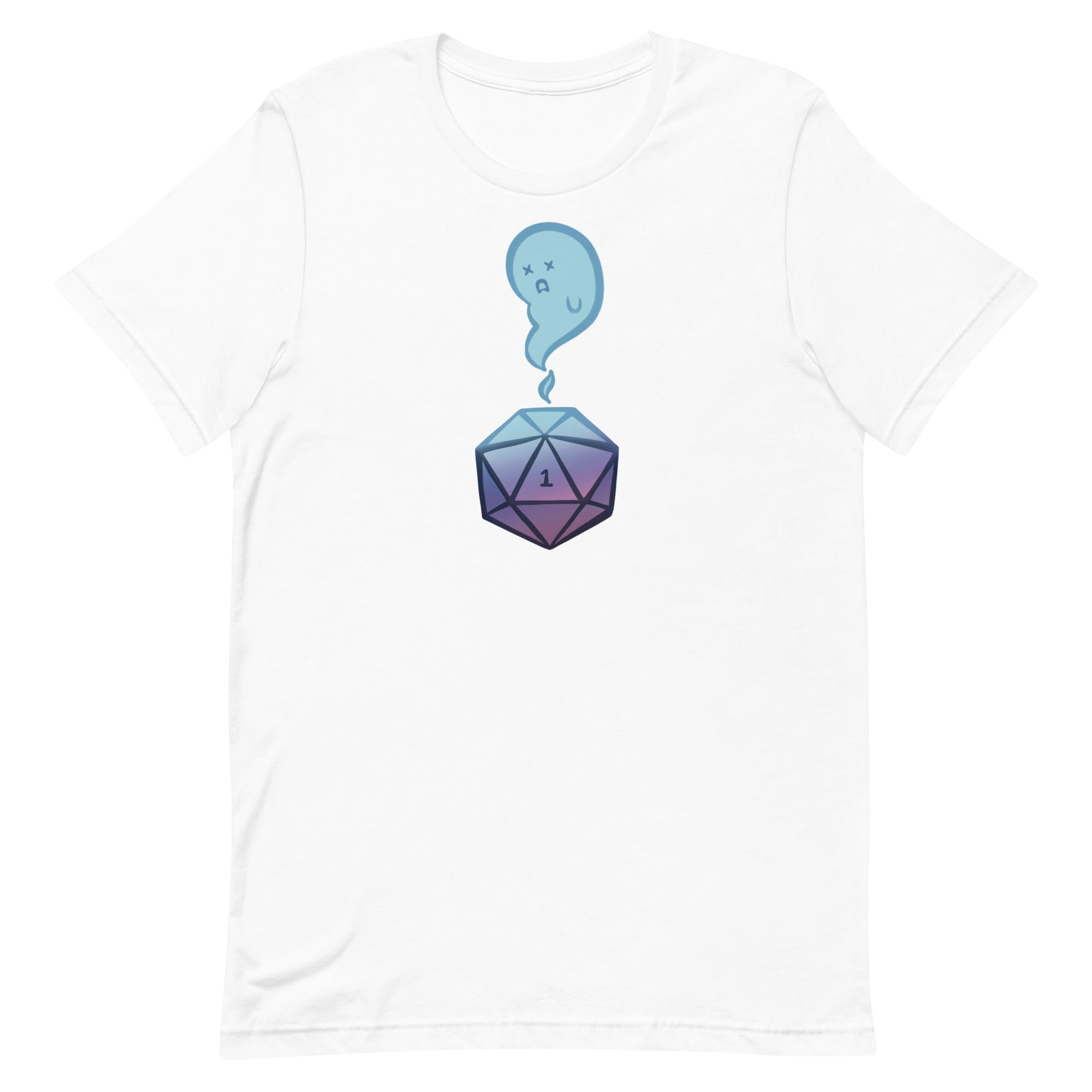 Critical Failure Shirt - White T-shirt with colorful twenty-sided die and puzzled blue speech bubble graphic on front.