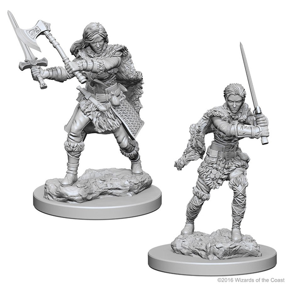 D&D: Nolzur's Marvelous Minis: Human Female Barbarian W1 - Two unpainted grey plastic fantasy female warrior miniatures, one wielding an axe and shield, the other holding a sword and.