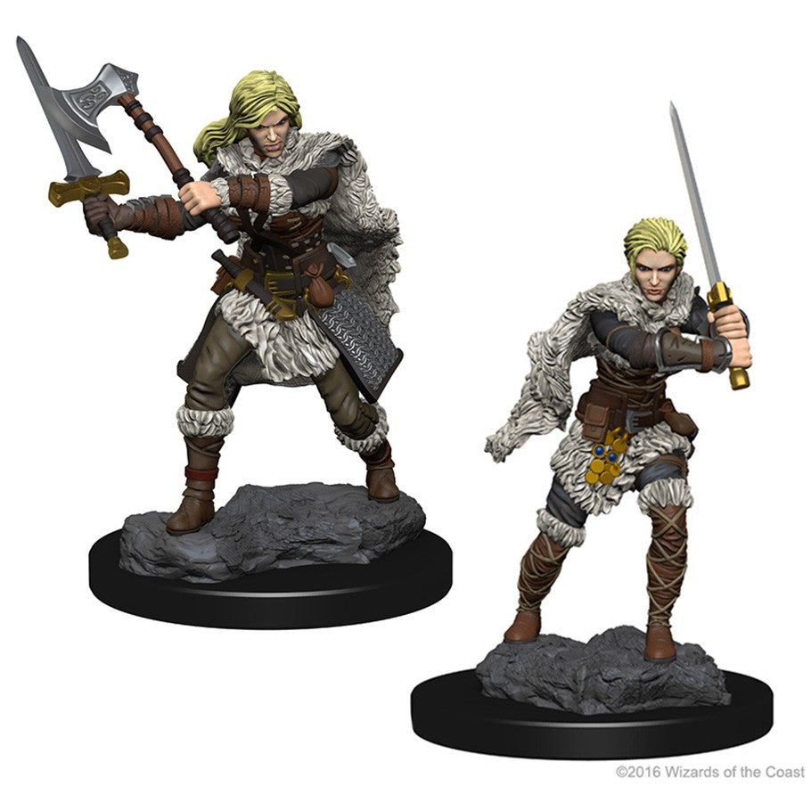 D&D: Nolzur's Marvelous Minis: Human Female Barbarian W1 - Two painted miniatures of a blond human female barbarian in fur and leather armor wielding a battle axe and a longsword on.