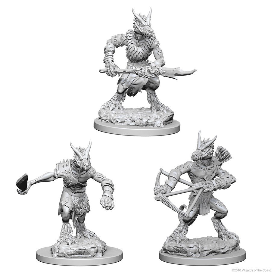 D&D: Nolzur's Marvelous Minis: Kobolds W1 - Three unpainted Dungeons & Dragons kobold miniatures, each in a unique pose with weapons on textured bases.