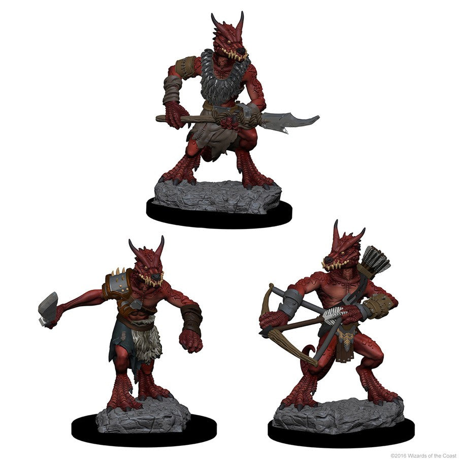 D&D: Nolzur's Marvelous Minis: Kobolds W1 - Three detailed red kobold miniatures with weapons on textured stone bases.