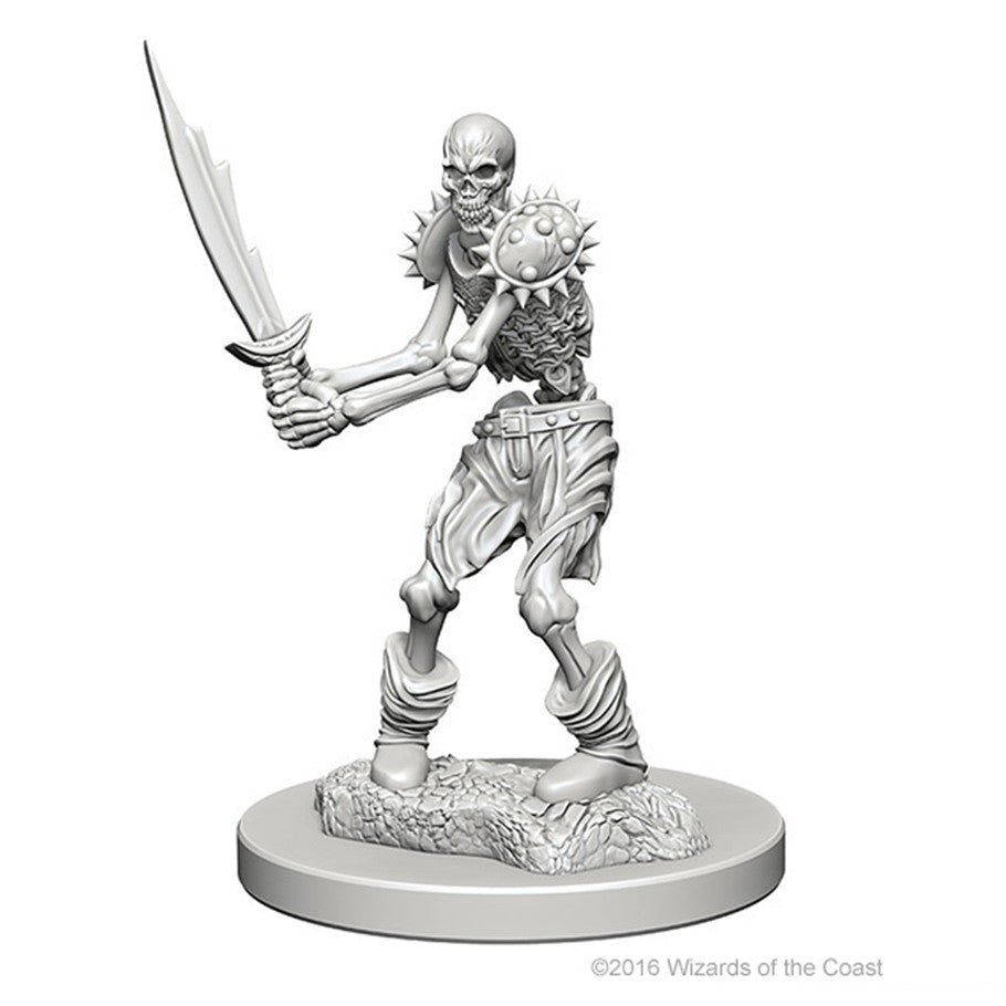 D&D: Nolzur's Marvelous Minis: Skeletons W1 - Unpainted fantasy skeleton miniature wielding a curved sword and spiked shield on a textured base.