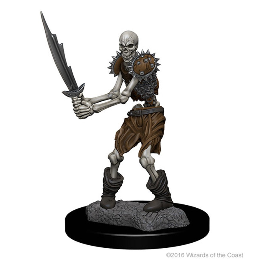 D&D: Nolzur's Marvelous Minis: Skeletons W1 - Unpainted skeleton miniature wielding a sword and spiked shield on a textured base.