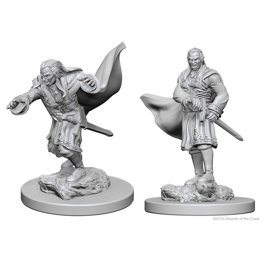 D&D: Nolzur's Marvelous Minis: Vampires W1 - Two unpainted gray plastic vampire miniatures from Nolzur's Marvelous Minis, featuring detailed cloaks and swords on round.