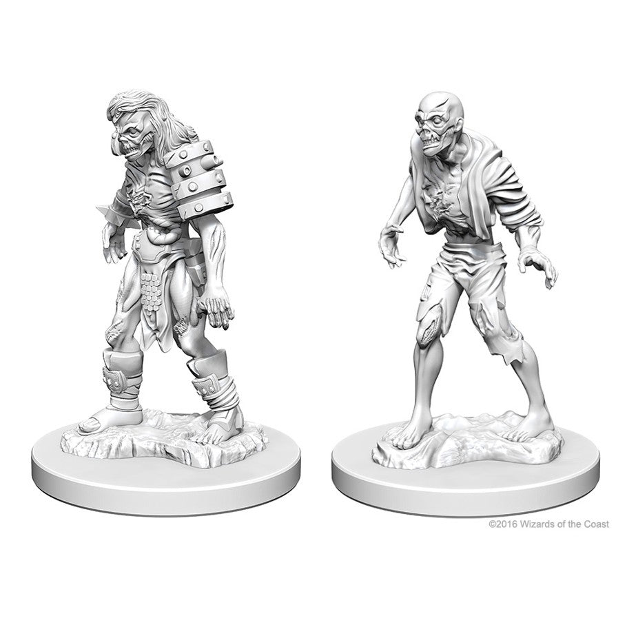 D&D: Nolzur's Marvelous Minis:: Zombies W1 - Two unpainted detailed zombie miniatures, one wearing tattered armor and the other in torn rags, both standing on round bases.