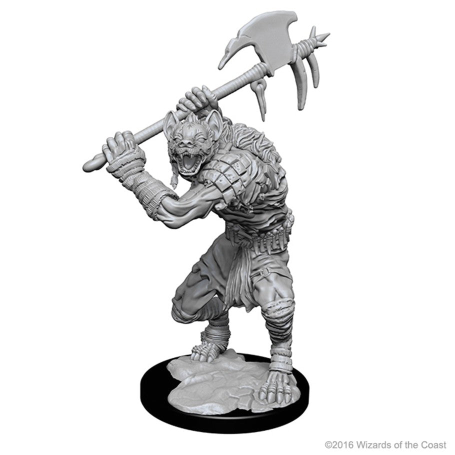 D&D: Nolzur's Marvelous Minis: Gnolls W1 - Unpainted detailed resin miniature of a snarling gnoll wielding a large axe, standing on textured base.
