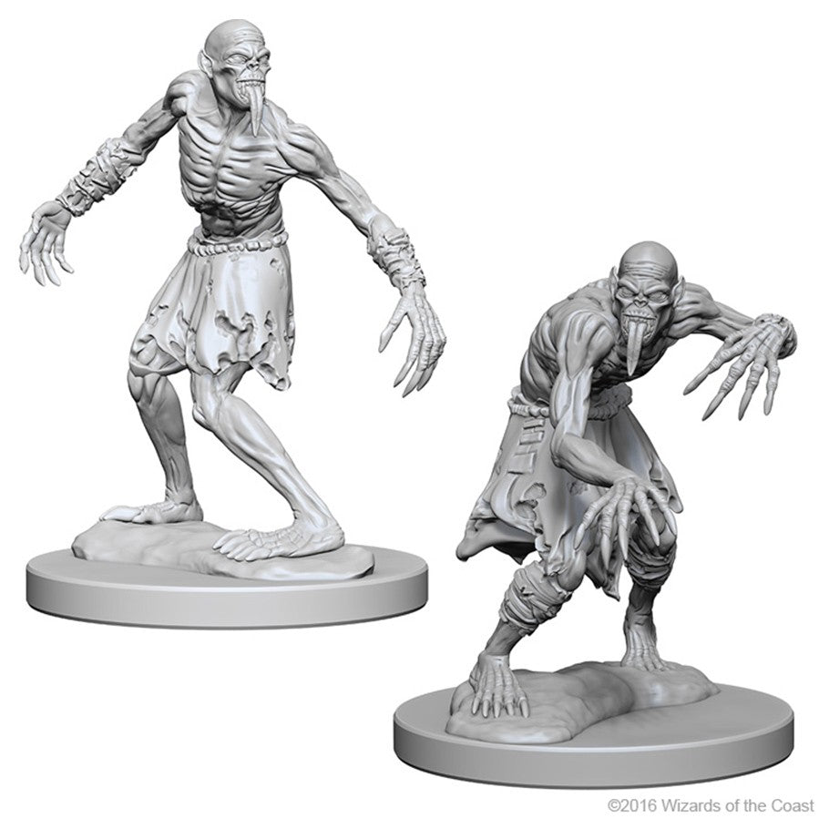 D&D: Nolzur's Marvelous Minis: Ghouls W1 - Two unpainted gray plastic miniatures of ghouls with skeletal features and torn clothing, posed menacingly.