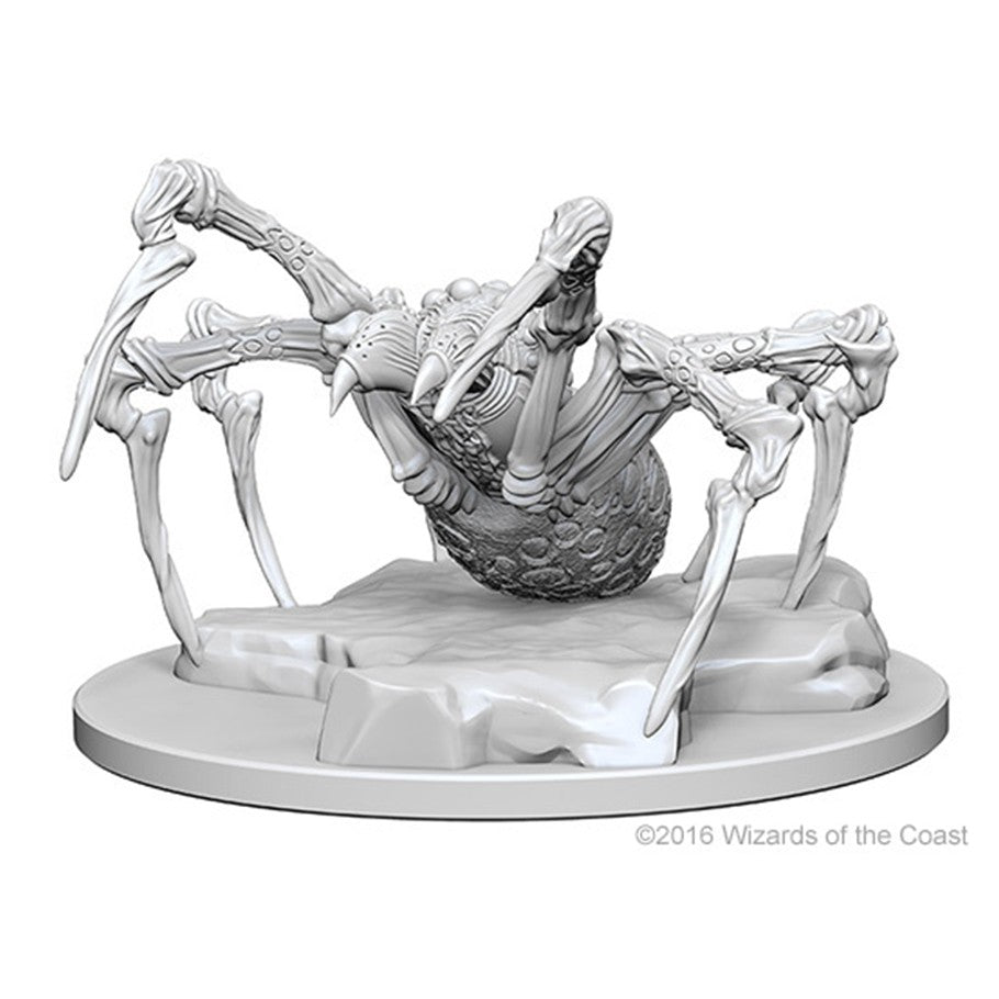 D&D: Nolzur's Marvelous Minis: Phase Spider W1 - Unpainted gray plastic miniature of a large spider with segmented legs and textured abdomen on round base.