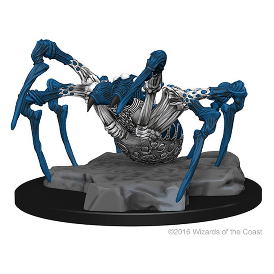 D&D: Nolzur's Marvelous Minis: Phase Spider W1 - Blue and gray phase spider miniature with eight legs on rocky black base.