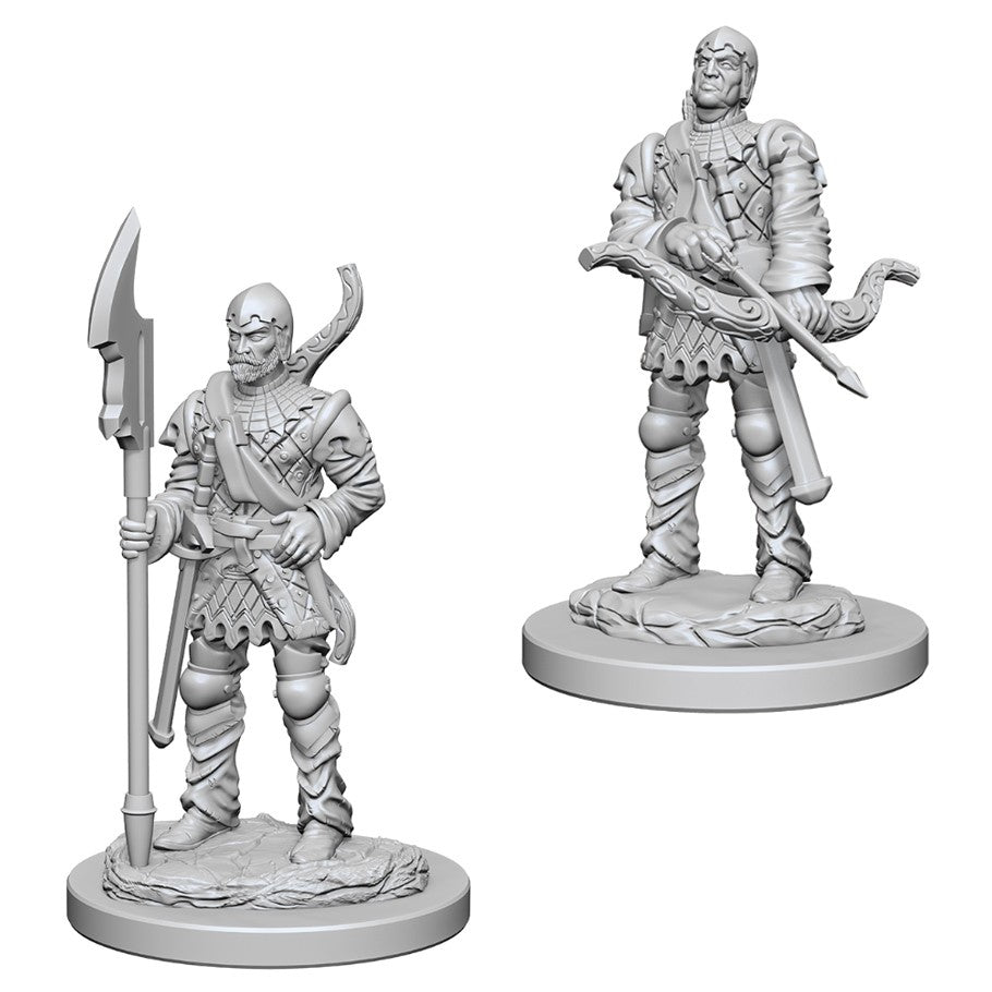 Pathfinder Battles Deep Cuts: Town Guards W4 - Two gray fantasy miniature town guards, one holding a halberd and the other a crossbow, detailed armor and clothing.