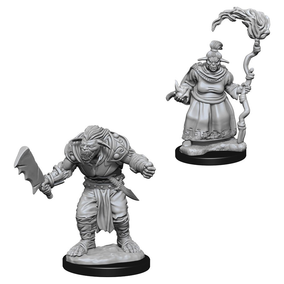 Pathfinder Battles Deep Cuts: Bugbears W2 - Two unpainted Pathfinder Battles Deep Cuts Bugbear miniatures, one wielding a large cleaver and the other holding a flaming.
