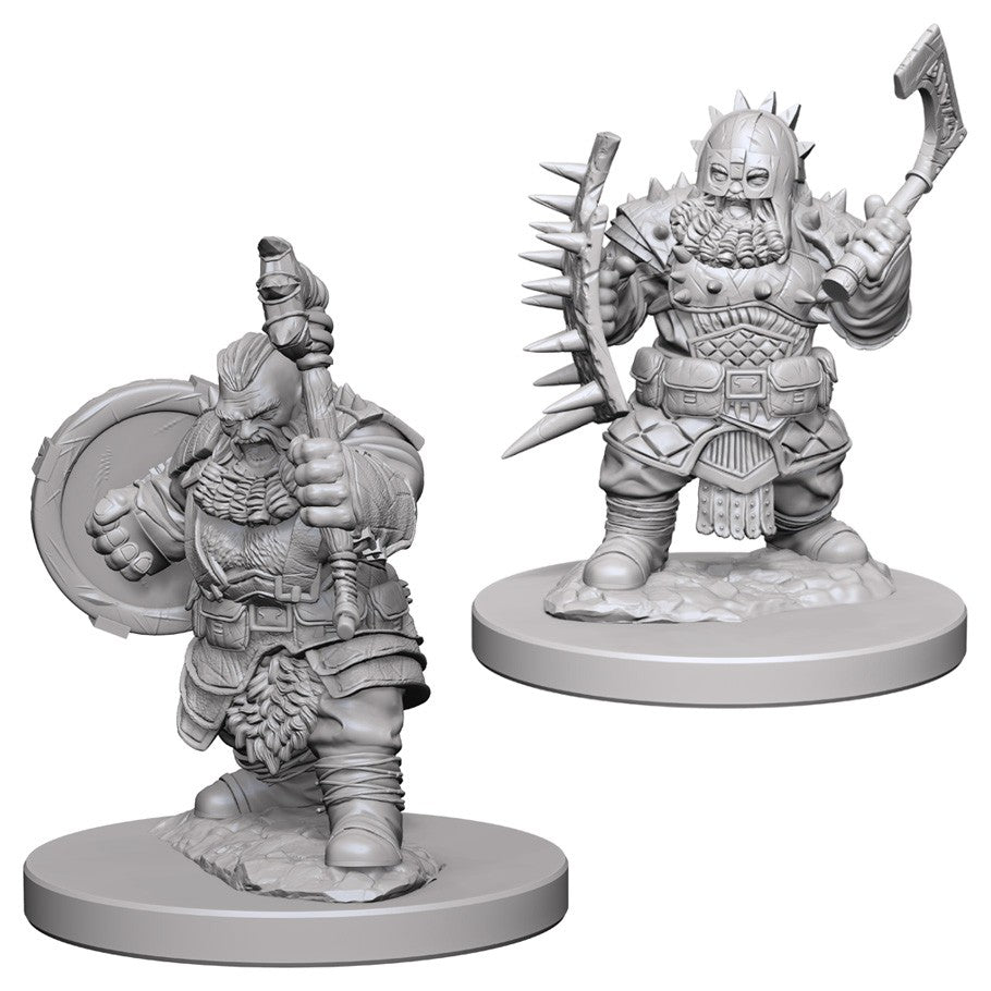 Pathfinder Battles Deep Cuts: Dwarf Male Barbarian W4 - Unpainted dwarf male barbarian miniature with axe, shield, spiked armor, and fierce expression on round bases.