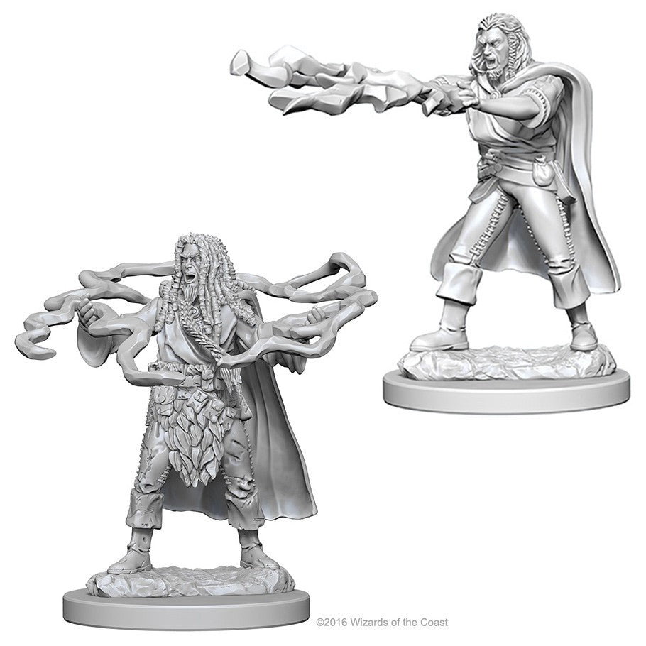D&D: Nolzur's Marvelous Minis: Human Male Sorcerer W1 - Unpainted miniature of a male sorcerer casting spells with flowing robes and curly hair.