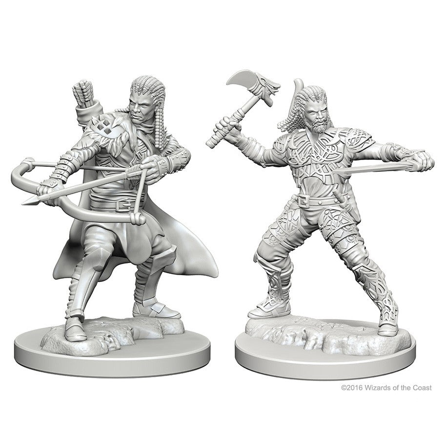 D&D: Nolzur's Marvelous Minis: Human Male Ranger W1 - Unpainted gray miniature of a human male ranger with a bow and quiver, and the same figure wielding an axe and sword in.