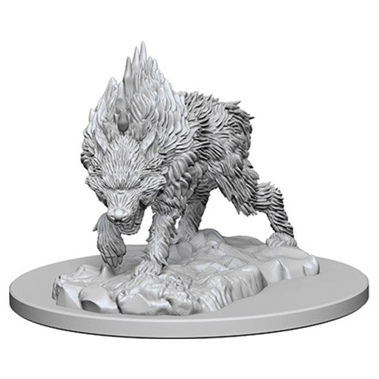 Pathfinder Battles Deep Cuts: Dire Wolf W4 - Gray unpainted resin miniature of a snarling dire wolf with spiked fur on a round base with rocky terrain.