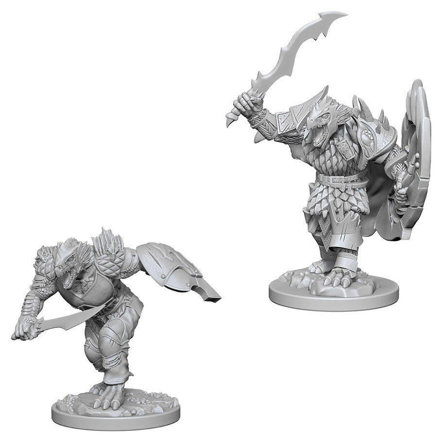 D&D: Nolzur's Marvelous Minis: Dragonborn Male Fighter W4 - Two unpainted Dragonborn male fighter miniatures, one crouching with sword and shield, the other standing with curved sword.
