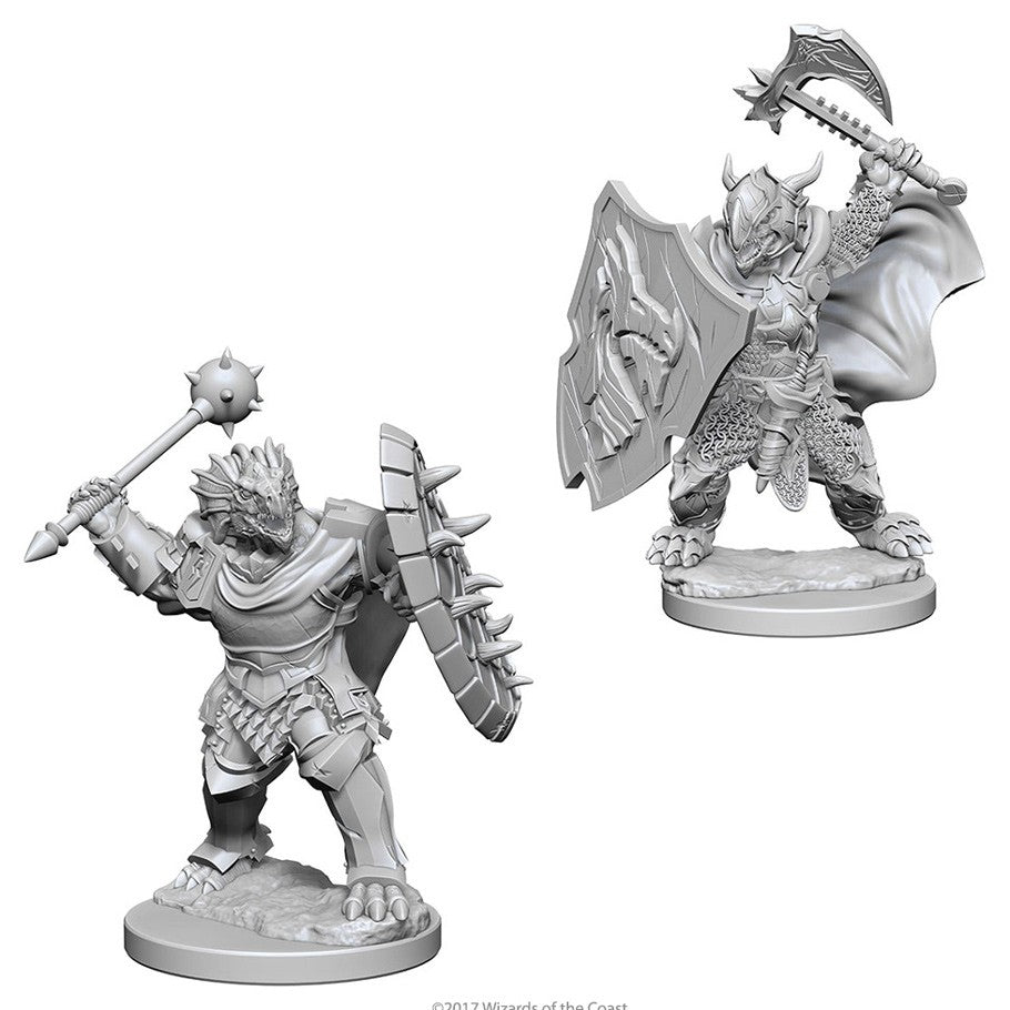 D&D: Nolzur's Marvelous Minis: Dragonborn Male Paladin W4 - Unpainted Dragonborn male paladin miniatures wielding a mace and shield, featuring detailed armor and a flowing cape.