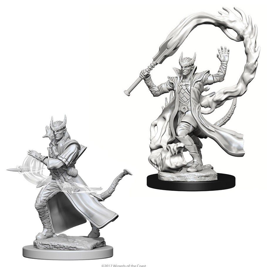 D&D: Nolzur's Marvelous Minis: Tiefling Male Sorcerer W4 - Unpainted Tiefling male sorcerer miniature wielding a flaming sword with flowing robes and pointed horns.