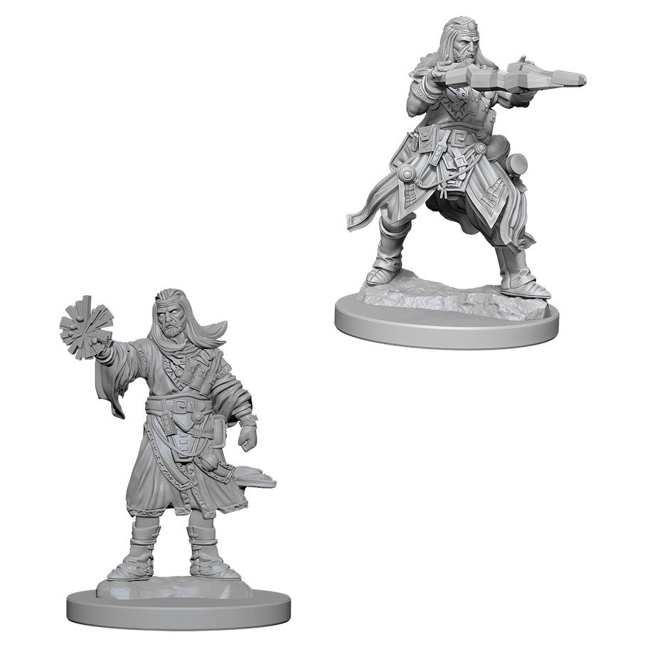 Pathfinder Battles Deep Cuts: Male Human Wizard W6 - Unpainted male human wizard miniature holding a staff with arcane flames, wearing layered robes and armor plates.